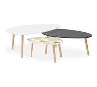 IDMarket – Lot de 3 tables basses gigognes Gigi – Laquées blanc / gris – Motifs graphiques