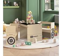 Lot de 3 tables et chaises pour enfants design tout-terrain en MDF beige, 48 x 48 x 48 cm, 2 chaises avec bibliothèque, idéal pour la chambre d'enfant, les jeux et l'apprentissage
