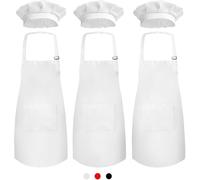 Lot de 3 tabliers pour enfants avec toque de chef - Bavoir doux pour la peau avec poche - Cuisson, pâtisserie, peinture, entraînement - Taille enfant (6-12 ans), blanc, taille unique