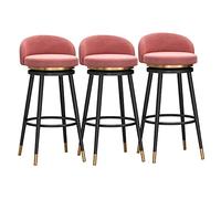 Lot de 3 tabourets de bar pivotants rembourrés en velours rose avec dossiers, pieds en métal noir, hauteur 75 cm