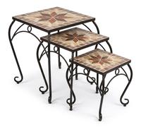 Lot de 3 tabourets/tables d'appoint de jardin, noir et multicolore, céramique, acier, mosaïque, fleurs