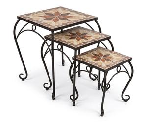 Lot de 3 tabourets/tables d'appoint de jardin, noir et multicolore, céramique, acier, mosaïque, fleurs
