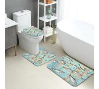 Lot de 3 tapis de bain à séchage rapide, absorbant, antidérapant, lavable en flanelle, pour salle de bain, toilettes, toilettes - Motif poissons, bleu océan