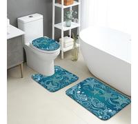 Lot de 3 tapis de bain à séchage rapide, motif vagues de l'océan, bleu nautique, absorbant, antidérapant, lavable en flanelle pour salle de bain et WC