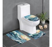 Lot de 3 tapis de bain antidérapants, couvre-abattant de WC, tapis de toilette, contour en forme de U, motif vague, voilier et mouette