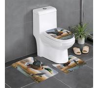 Lot de 3 tapis de bain antidérapants en flanelle imprimée avec motif de canards sauvages volants au bord du lac - 60 x 40 cm - Tapis de bain + tapis contour WC en forme de U + housse de siège de