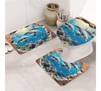 Lot de 3 tapis de bain en mousse à mémoire de forme doux et absorbant en forme de U - Motif requins et dauphins - Décoration d'intérieur - Séchage rapide