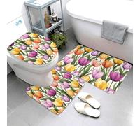 Lot de 3 tapis de bain imprimés tulipes colorés, absorbants, antidérapants, lavables, pour abattant de WC en forme de U, tapis de douche, tapis de douche doux pour