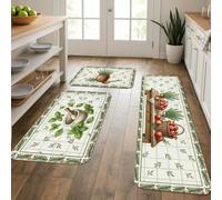 Lot de 3 tapis de cuisine à herbes rustiques - Mortier et pilon - Vert d'été - Tapis de sol épais lavable pour évier, buanderie, entrée, couloir