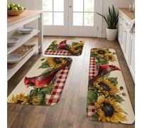 Lot de 3 tapis de cuisine à motif de tournesol - Motif oiseau rouge - Style rustique vintage - Rembourré - Lavables et antidérapants - Pour cuisine, évier, buanderie, salle de bain
