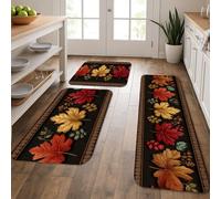 Lot de 3 tapis de cuisine d'automne pour sol, feuilles colorées, vintage, rustique, doux, rembourré, lavable, antidérapant pour cuisine, évier, buanderie, salle de bain
