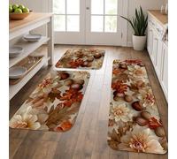 Lot de 3 tapis de cuisine d'automne pour sol, motif floral, feuilles et glands doux, rembourrés, confortables, lavables et antidérapants pour cuisine, éviers, buanderie, salle de bain