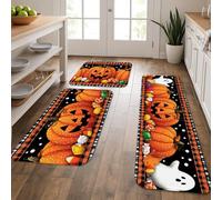 Lot de 3 tapis de cuisine d'Halloween doux pour sol, motif citrouille, fantôme, noir, orange, rembourré, confortable, lavable, antidérapant pour cuisine, éviers, buanderie, salle de bain