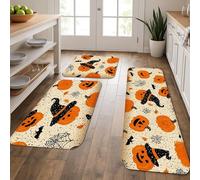 Lot de 3 tapis de cuisine d'Halloween pour sol, motif citrouille orange, tapis doux, rembourrés, confortables, lavables et antidérapants pour cuisine, éviers, buanderie, salle de bain