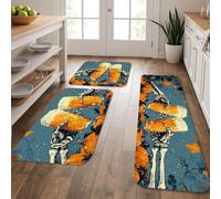 Lot de 3 tapis de cuisine d'Halloween pour sol, squelette et citrouille, art vintage, doux, rembourré, confortable, lavable, antidérapant pour éviers, buanderie, salle de bain