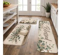 Lot de 3 tapis de cuisine en eucalyptus rustique, motif pichet vert printanier, confortable, lavable, décoration pour évier, buanderie, salle de bain, entrée