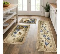 Lot de 3 tapis de cuisine en forme d'abeille et de fleur pour sol, motif floral bleu vintage, coussin de printemps, confortable, lavable, pour éviers, buanderie, salle de bain