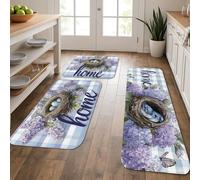 Lot de 3 tapis de cuisine en nid d'oiseau pour sol, motif floral violet, tapis doux, rembourré, confortable, lavable et antidérapant pour cuisine, évier, buanderie, salle de bain