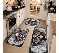 Lot de 3 tapis de cuisine gothiques avec tête de mort et rose pour | Décoration gothique, tapis de cuisine, motif roses de pêche, vitrail, tapis de sol de cuisine, accents saisonniers pour la