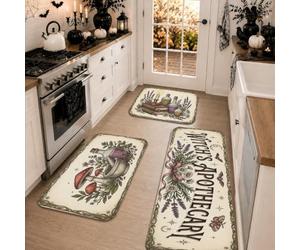 Lot de 3 tapis de cuisine Halloween avec citation botanique des sorcières | Art botanique vintage, tapis d'évier de cuisine, motif champignons et herbes, décoration de cuisine fantaisie