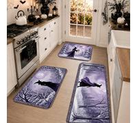 Lot de 3 tapis de cuisine Halloween Motif silhouette de sorcière | Paysage de forêt fantaisie, tapis de cuisine pour sol, scène d'hiver enneigée, silhouette art, chemin de sol de cuisine