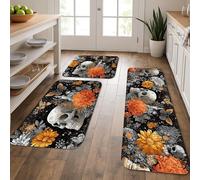 Lot de 3 tapis de cuisine motif tête de mort pour sol, orange floral, vintage, artistique, doux, rembourré, confortable, lavable, antidérapant pour cuisine, évier, buanderie, salle de bain