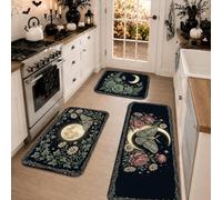 Lot de 3 tapis de cuisine mystique sur le thème botanique de papillon et de | Tapis de cuisine pour sol, motif croissant de lune, éléments de jardin floral, thème botanique mystique