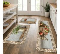 Lot de 3 tapis de cuisine rustiques à fourchette - Motif pommes et feuilles vertes - Pas de rouge - Lavable et confortable - Tapis de sol épais pour évier, buanderie, salle de bain, couloir
