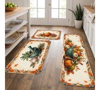 Lot de 3 tapis de cuisine rustiques motif citrouilles avec arrosoir à l'ail - Lavable - Doux - Tapis de cuisine décoratif pour évier, buanderie, entrée, salle de bain