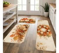 Lot de 3 tapis de cuisine rustiques vintage avec motif citrouilles et fleurs d'automne - Lavables et confortables pour évier, buanderie, entrée, salle de bain