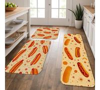 Lot de 3 tapis de cuisine sur le thème des hot-dogs pour sols, imprimé culinaire amusant, rembourré, confortable, lavable, antidérapant pour éviers, buanderie, salle de bain