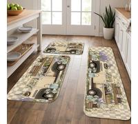 Lot de 3 tapis de cuisine vintage à motif floral pour sol, motif camion antique, tapis doux, confortable, lavable, antidérapant pour cuisine, évier, buanderie, salle de bain