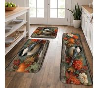 Lot de 3 tapis de cuisine vintage à motif floral pour sol, motif oiseau d'automne, confortable, lavable, antidérapant pour cuisine, lavabos, buanderie, salle de bain