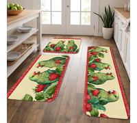 Lot de 3 tapis de cuisine vintage à motif floral pour sol, motif perroquets verts avec fraises, tapis décoratifs, rembourrés, confortables, lavables et antidérapants pour cuisine, éviers, buanderie