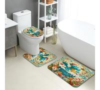 Lot de 3 tapis de salle de bain à motif floral vintage dragon, tapis de toilette absorbant, antidérapant, lavable en forme de U, à séchage rapide