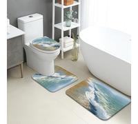 Lot de 3 tapis de salle de bain à motif vagues de l'océan - Tapis de toilette antidérapant en forme de U - Tapis de toilette en mousse à mémoire de forme - Lavables - Séchage rapide - Bleu côtier