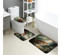 Lot de 3 tapis de salle de bain à séchage rapide en flanelle, absorbants, antidérapants, lavables en forme de U, motif poissons de la forêt pittoresque
