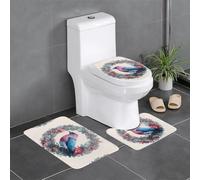 Lot de 3 tapis de salle de bain antidérapants pour toilettes, meuble-lavabo et couvercle - Motif oiseau dans une couronne - WHJSSF rose et bleu - 61 x 40,6 cm
