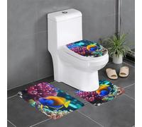 Lot de 3 tapis de salle de bain antidérapants pour toilettes, meuble-lavabo et couvercle - Motif WHJSHOP océan, poissons tropicaux, corail, monde sous-marin, 61 x 40,6 cm