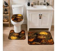 Lot de 3 tapis de salle de bain avec citation d'Halloween et chat sorcière | Motif chat sorcier, tapis de bain, fond de lune de récolte, texture en flanelle douce, décoration de salle de bain effrayante