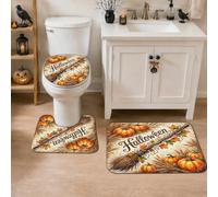 Lot de 3 tapis de salle de bain avec citrouille d'Halloween | Thème d'automne rustique, tapis de bain, style aquarelle, surface en flanelle douce, décoration de salle de bain saisonnière