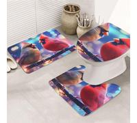 Lot de 3 tapis de salle de bain avec motif imprimé « Two Little Birds Are Looking At Each Other », tapis de bain + tapis contour + housse de siège de toilette, lavable en machine, antidérapant en