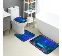 Lot de 3 tapis de salle de bain avec vue sur l'océan, tapis de toilette antidérapant en forme de U, lavable, à séchage rapide, en flanelle, motif poisson bleu vif