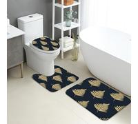Lot de 3 tapis de salle de bain bleu marine, motif rétro fougère dorée, tapis de toilette absorbant, antidérapant, lavable en forme de U, motif floral d'automne en mousse à mémoire de forme, séchage