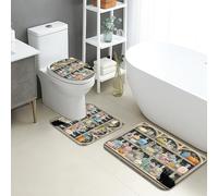 Lot de 3 tapis de salle de bain chic en flanelle à motif mosaïque coloré, absorbants, antidérapants, lavables, en forme de U, art moderne, à séchage rapide