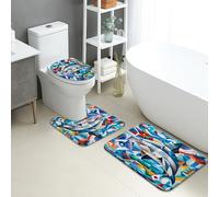 Lot de 3 tapis de salle de bain colorés, modernes, motifs requins géométriques, absorbants, antidérapants, lavables, en mousse à mémoire de forme, à séchage rapide
