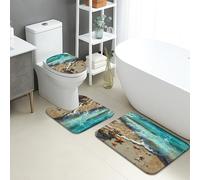 Lot de 3 tapis de salle de bain côtier, motif vagues de plage, étoiles de mer, tapis de toilette absorbants, antidérapants, lavables en forme de U, à séchage rapide