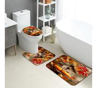 Lot de 3 tapis de salle de bain d'automne en flanelle à séchage rapide, absorbants, antidérapants, lavables en forme de U, motif maison d'oiseau rustique, citrouille
