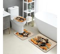 Lot de 3 tapis de salle de bain d'automne en flanelle à séchage rapide, absorbants, antidérapants, lavables en forme de U, motif ourson, citrouille, floral, tapis de salle de bain