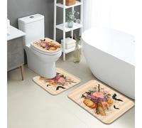 Lot de 3 tapis de salle de bain d'automne en flanelle à séchage rapide, absorbants, antidérapants, lavables, motif floral, citrouille, balai, en forme de U, décoration d'automne